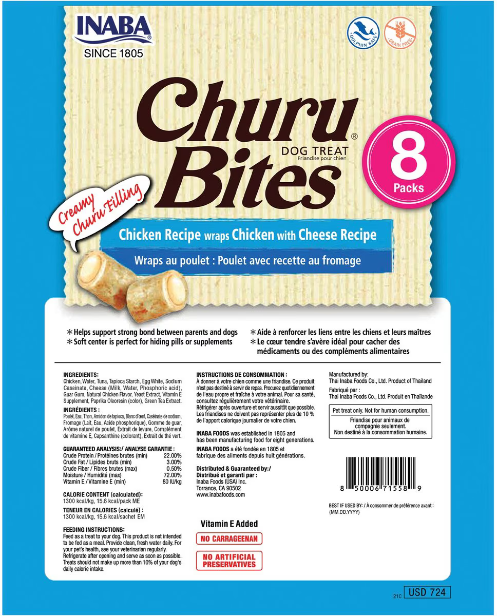 Snack Churu Bites Chicken & Cheese para Perros Sabor a Pollo y Queso X 8 Packs