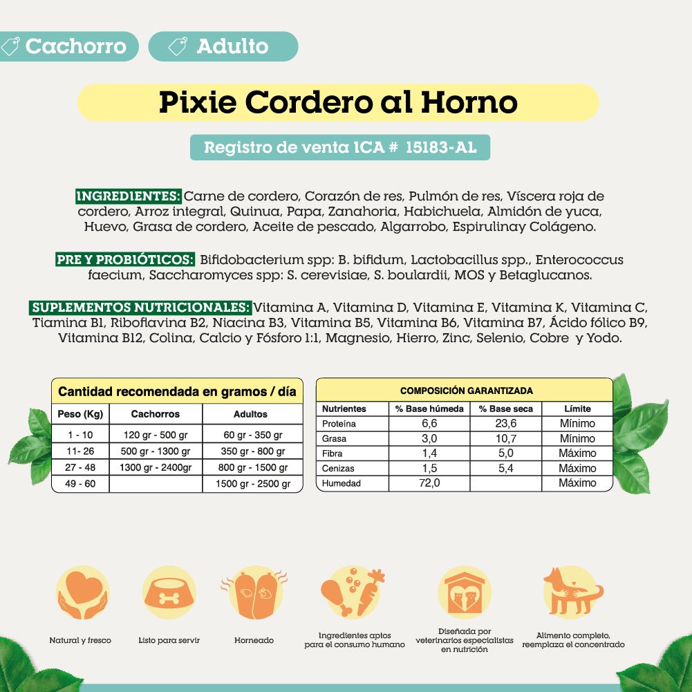 Alimento Congelado Pixie para Perro Sabor Cordero Barf Dieta Horneada