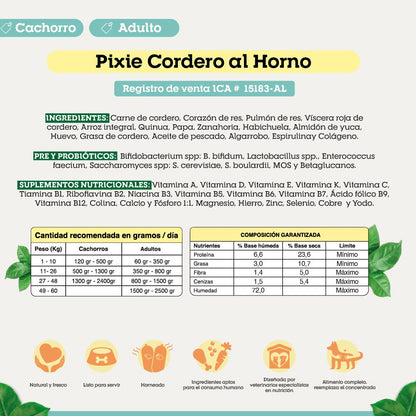 Alimento Congelado Pixie para Perro Sabor Cordero Barf Dieta Horneada