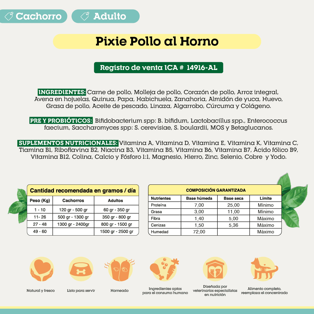 Alimento Congelado Pixie para Perro Sabor Pollo Barf Dieta Horneada