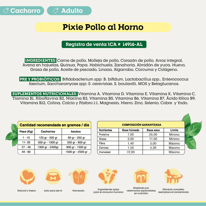 Alimento Congelado Pixie para Perro Sabor Pollo Barf Dieta Horneada
