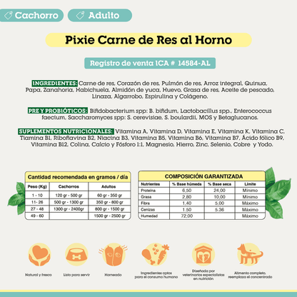 Alimento Congelado Pixie para Perro Sabor Carne Barf Dieta Horneada