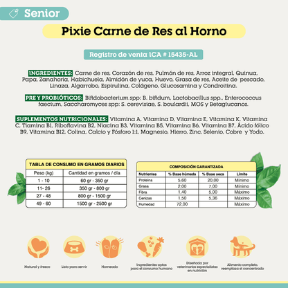 Alimento Congelado Pixie para Perro Sabor Carne Baja en Grasa Barf Dieta Horneada